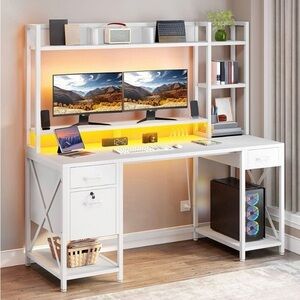 White L-Shaped Desk with Overhead Shelves